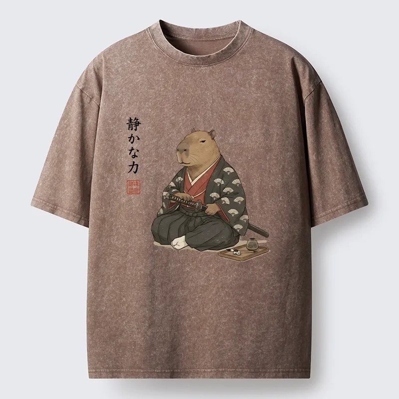 Tokyo-Tiger Calm Samurai Capybara With Katana Meme Washed T-Shirt