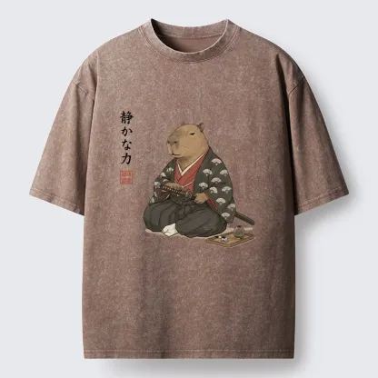 Tokyo-Tiger Calm Samurai Capybara With Katana Meme Washed T-Shirt