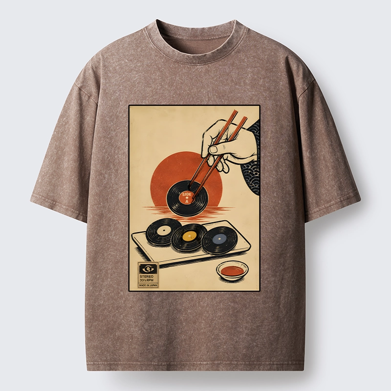Tokyo-Tiger Chopsticks And Vinyl Sushi Art Washed T-Shirt