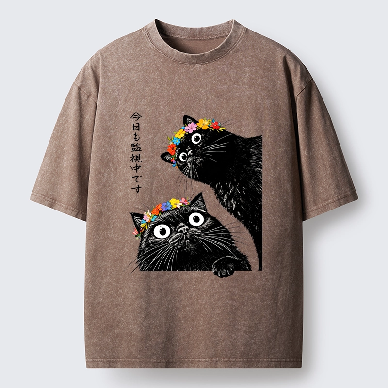 Tokyo-Tiger Flower Crown Black Cat Washed T-Shirt