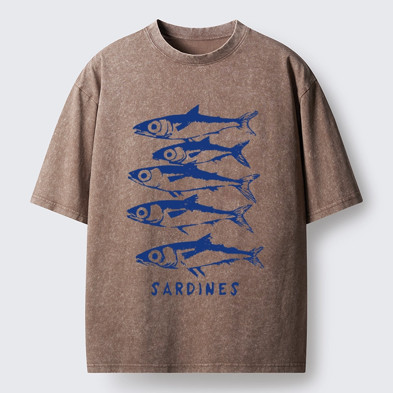 Tokyo-Tiger Blue And White Sardines Linocut Art Washed T-Shirt