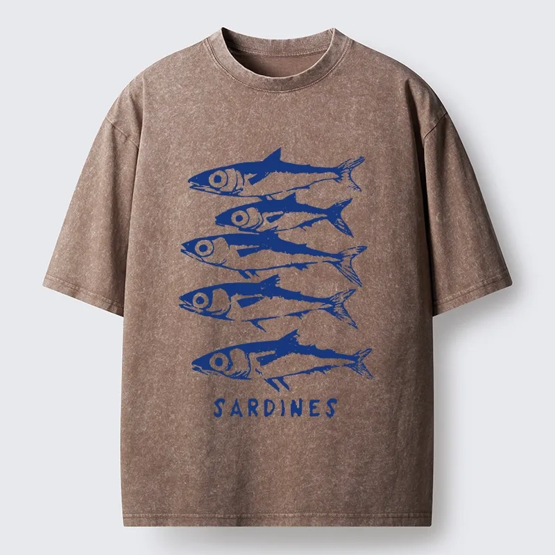 Tokyo-Tiger Blue And White Sardines Linocut Art Washed T-Shirt