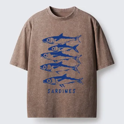 Tokyo-Tiger Blue And White Sardines Linocut Art Washed T-Shirt