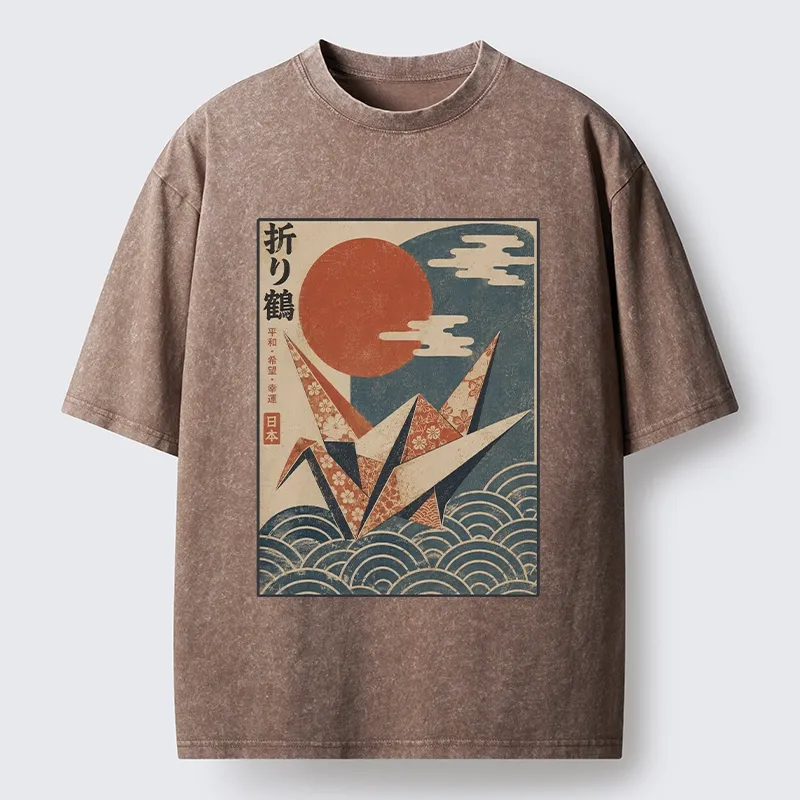 Tokyo-Tiger Japanese Origami Crane Vintage Print Washed T-Shirt