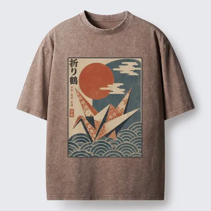 Tokyo-Tiger Japanese Origami Crane Vintage Print Washed T-Shirt