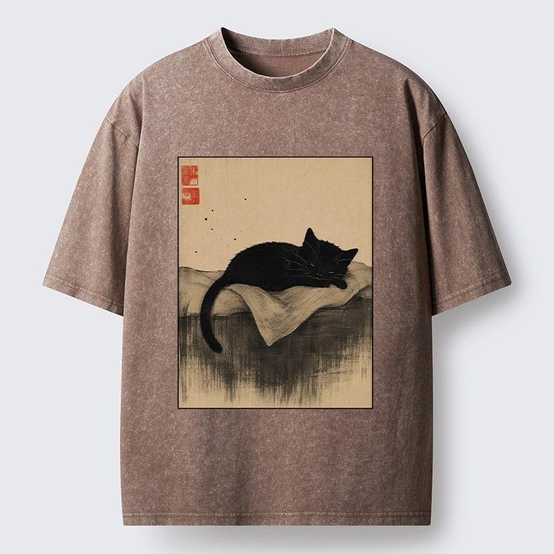 Tokyo-Tiger Sleeping Black Cat In Ink Wash Style Washed T-Shirt