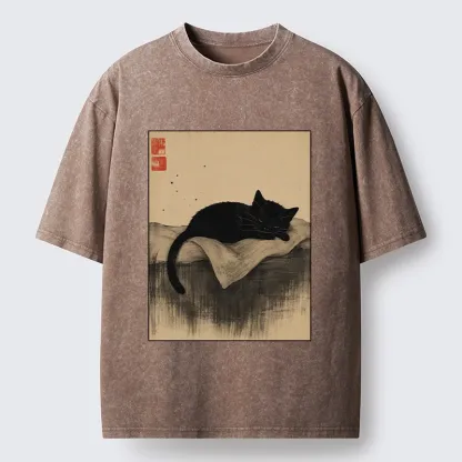 Tokyo-Tiger Sleeping Black Cat In Ink Wash Style Washed T-Shirt
