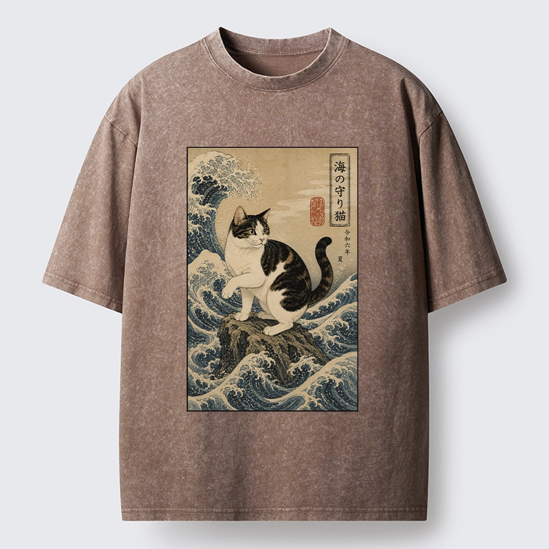 Tokyo-Tiger Sea Guardian Cat In Great Wave Art Washed T-Shirt