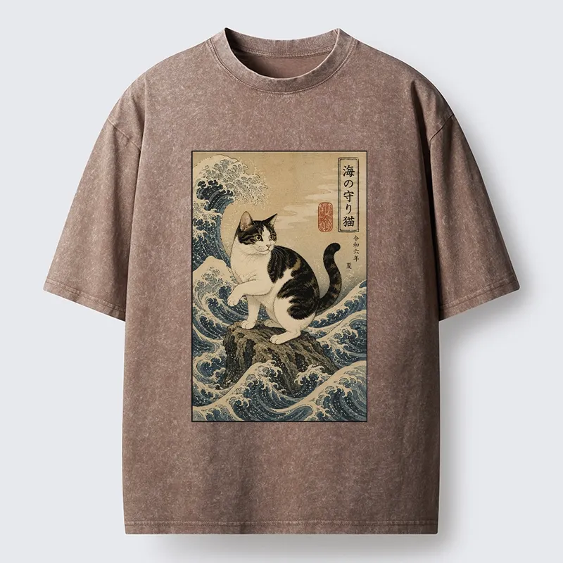 Tokyo-Tiger Sea Guardian Cat In Great Wave Art Washed T-Shirt