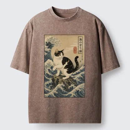Tokyo-Tiger Sea Guardian Cat In Great Wave Art Washed T-Shirt