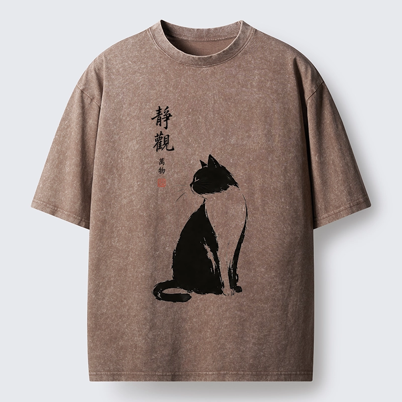 Tokyo-Tiger Calm Black And White Cat Washed T-Shirt