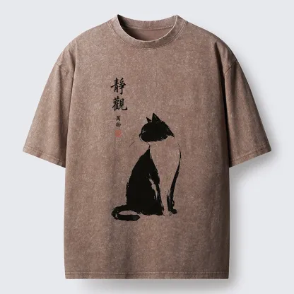 Tokyo-Tiger Calm Black And White Cat Washed T-Shirt