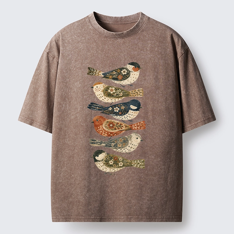 Tokyo-Tiger Colorful Folk Birds In Earthy Tones Washed T-Shirt