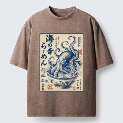 Tokyo-Tiger Vintage Octopus Ramen Japanese Poster Washed T-Shirt