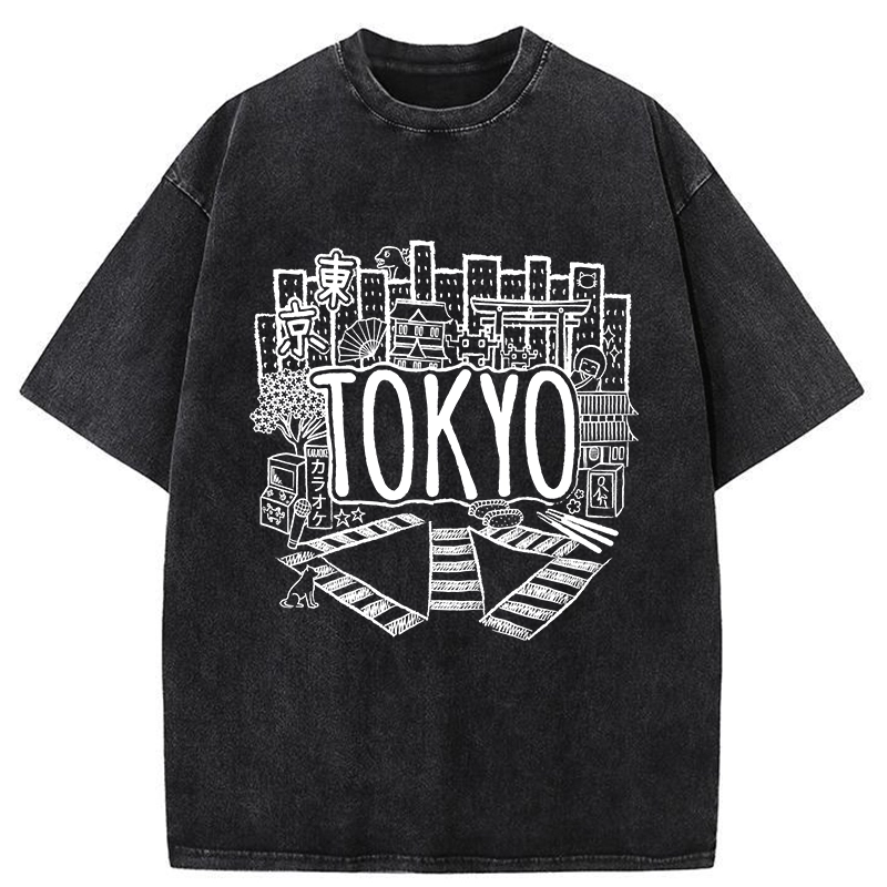 Tokyo-Tiger Cityscape Of Tokyo Washed T-Shirt
