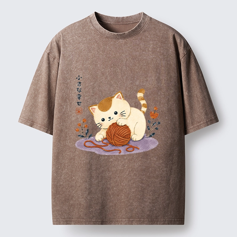 Tokyo-Tiger Cute Watercolor Cat Playing With Yarn Washed T-Shirt
