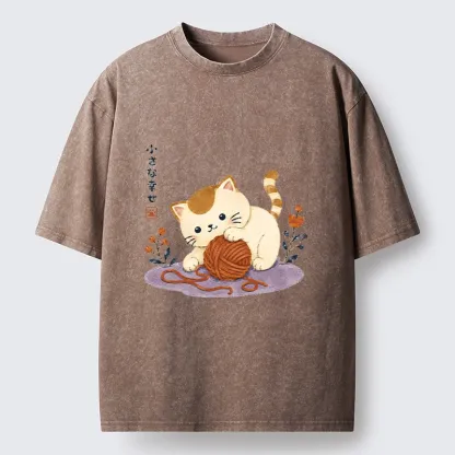 Tokyo-Tiger Cute Watercolor Cat Playing With Yarn Washed T-Shirt