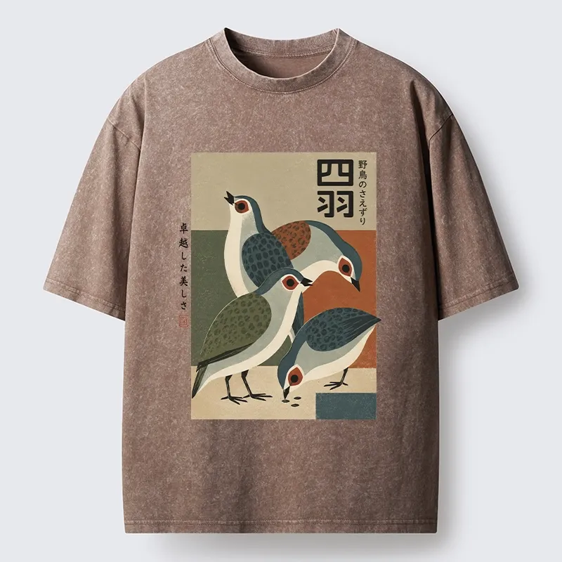 Tokyo-Tiger Four Birds In Vintage Japanese Style Washed T-Shirt
