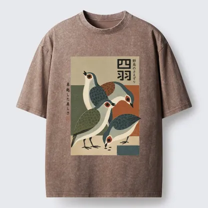 Tokyo-Tiger Four Birds In Vintage Japanese Style Washed T-Shirt