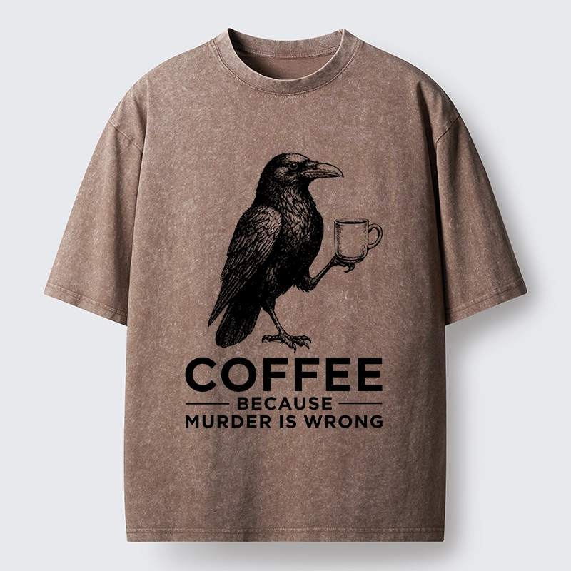 Tokyo-Tiger Raven Holding Coffee Life Mood Washed T-Shirt