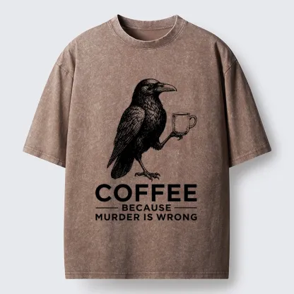 Tokyo-Tiger Raven Holding Coffee Life Mood Washed T-Shirt