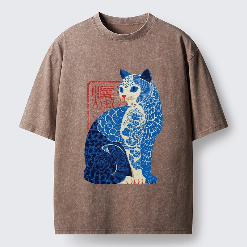 Tokyo-Tiger Blue And White Cat Print Art Washed T-Shirt