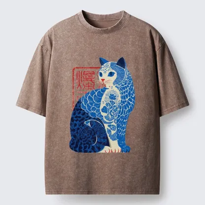 Tokyo-Tiger Blue And White Cat Print Art Washed T-Shirt