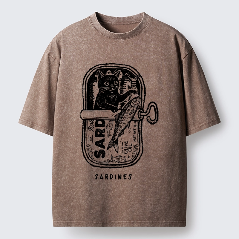 Tokyo-Tiger Black Cat Stuck In A Sardine Can Washed T-Shirt