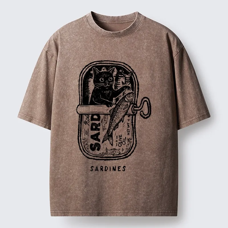 Tokyo-Tiger Black Cat Stuck In A Sardine Can Washed T-Shirt