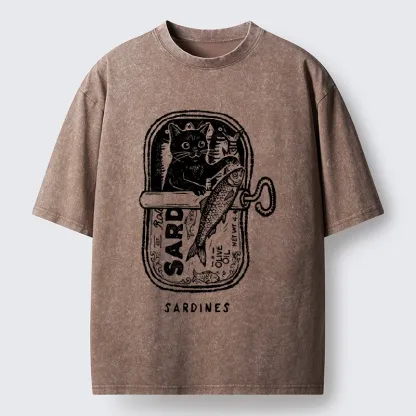 Tokyo-Tiger Black Cat Stuck In A Sardine Can Washed T-Shirt