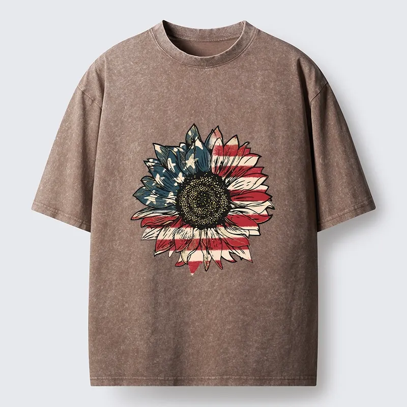 Tokyo-Tiger American Flag Sunflower Art Print Washed T-Shirt