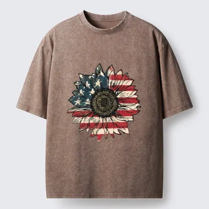 Tokyo-Tiger American Flag Sunflower Art Print Washed T-Shirt