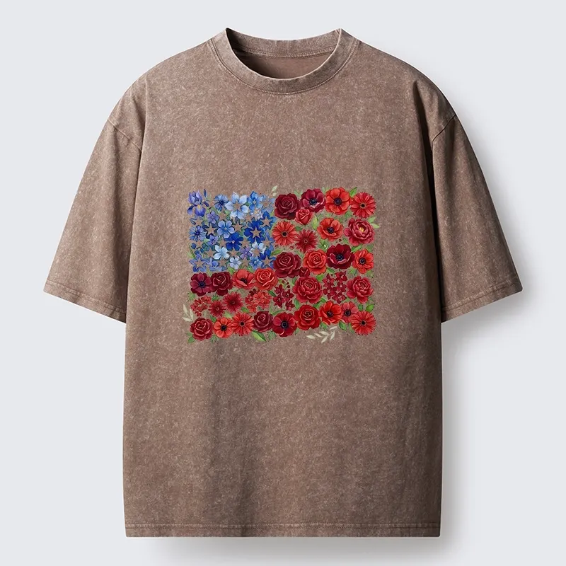 Tokyo-Tiger Floral American Flag Watercolor Art Washed T-Shirt