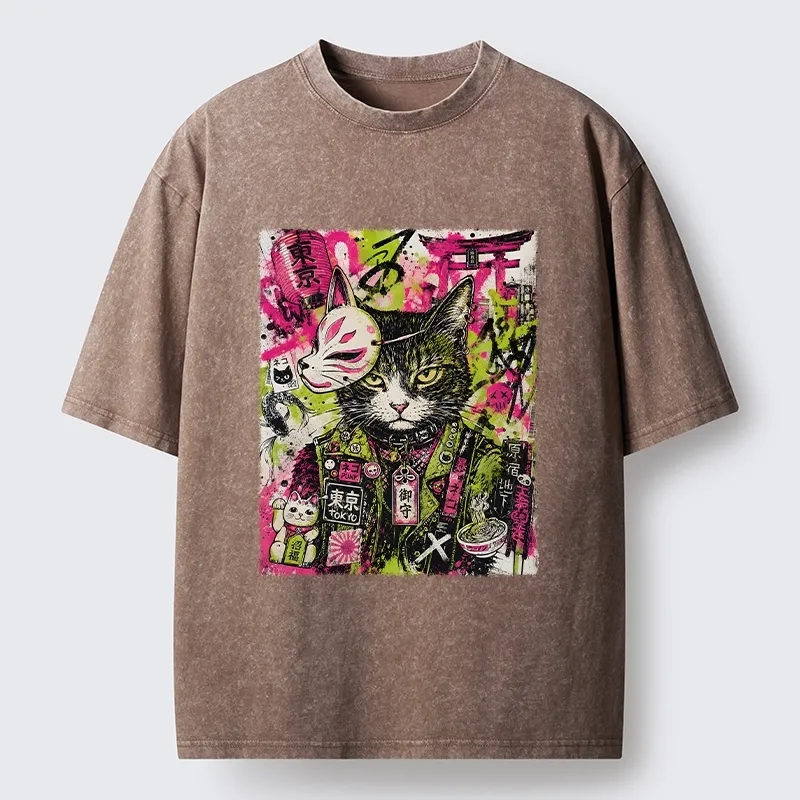 Tokyo-Tiger Funny Tokyo Street Cat Meme Art Washed T-Shirt