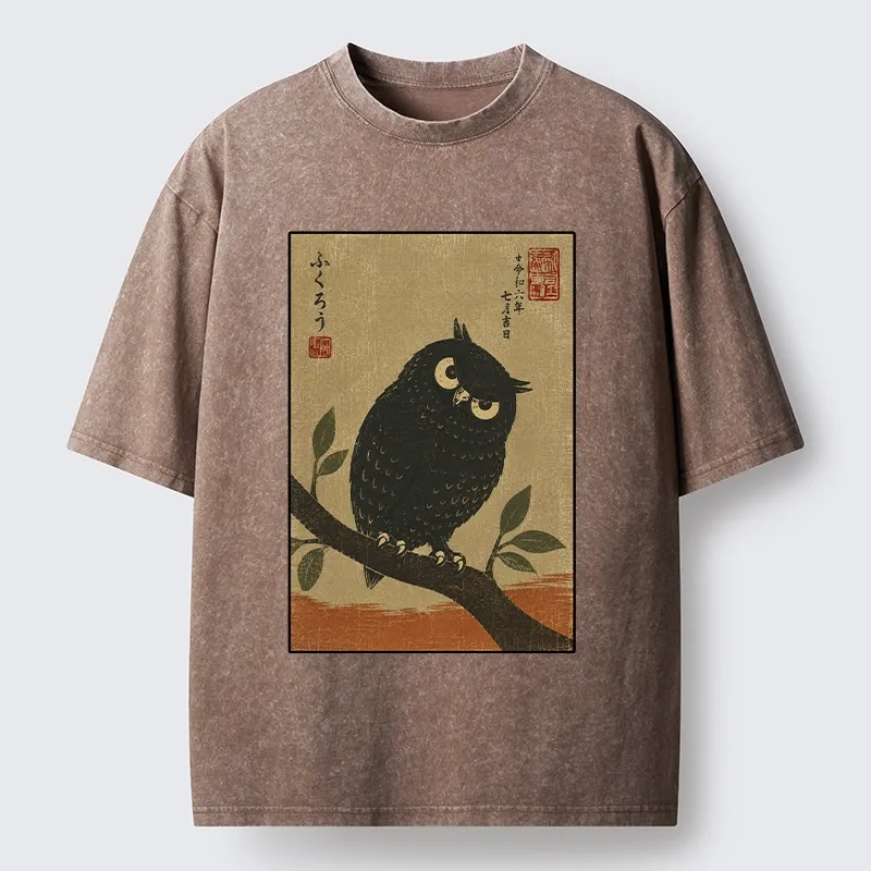Tokyo-Tiger Traditional Black Owl Art Vibe Washed T-Shirt Sale