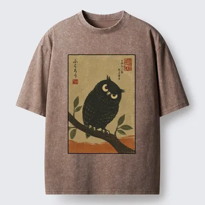 Tokyo-Tiger Traditional Black Owl Art Vibe Washed T-Shirt