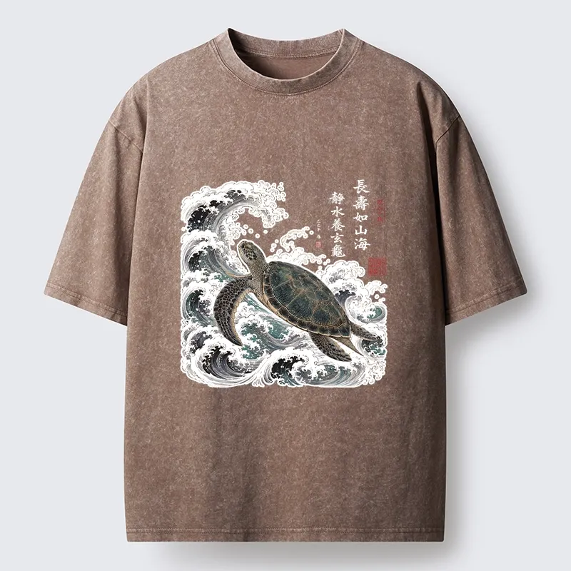 Tokyo-Tiger Lucky Turtle With Calligraphy Art Washed T-Shirt