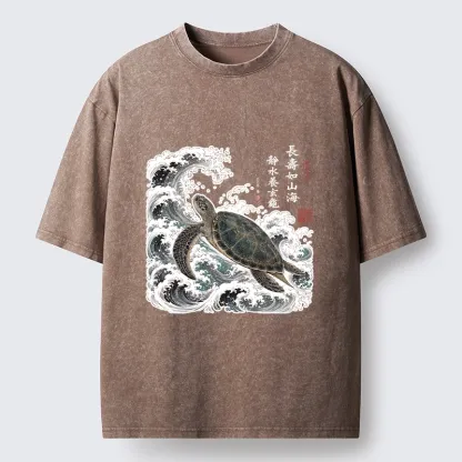Tokyo-Tiger Lucky Turtle With Calligraphy Art Washed T-Shirt