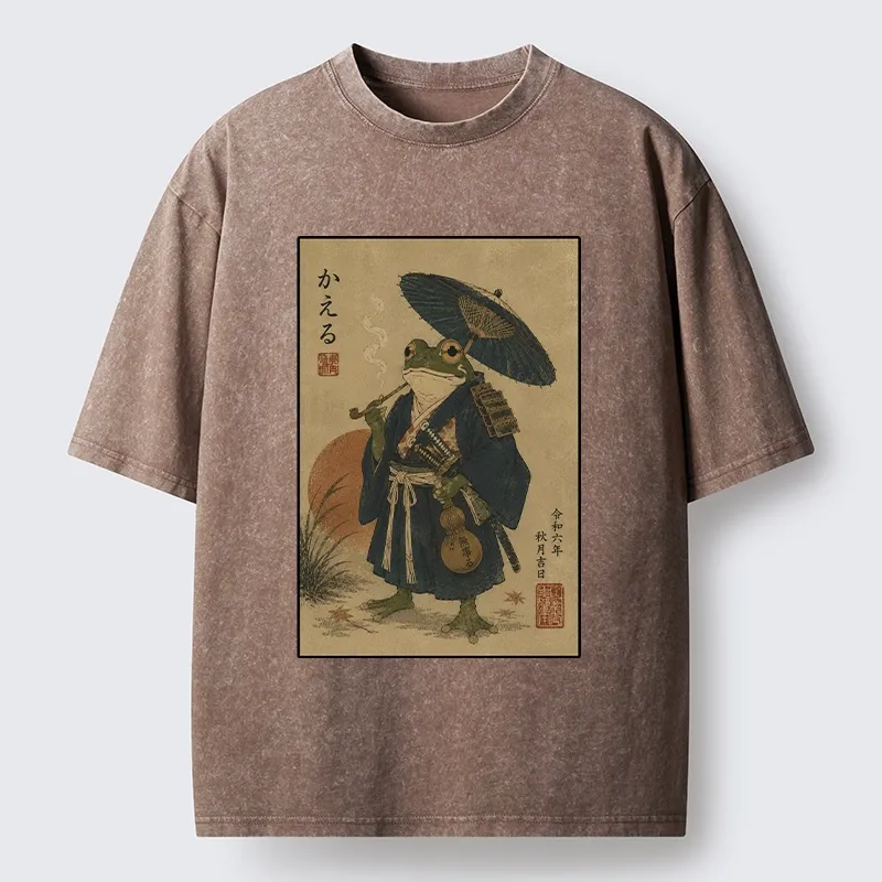 Tokyo-Tiger Cool Frog Samurai In Kimono Washed T-Shirt