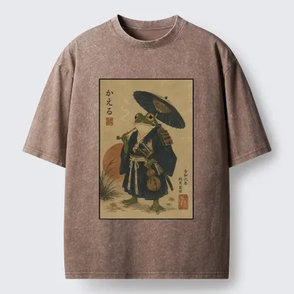 Tokyo-Tiger Cool Frog Samurai In Kimono Washed T-Shirt