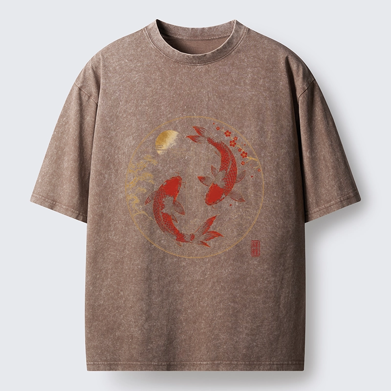 Tokyo-Tiger Lucky Koi Fish With Cherry Blossoms Washed T-Shirt