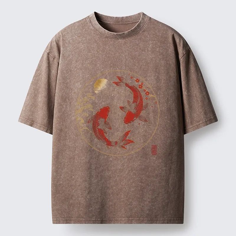 Tokyo-Tiger Lucky Koi Fish With Cherry Blossoms Washed T-Shirt