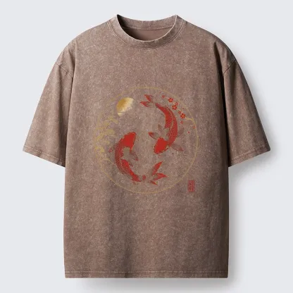 Tokyo-Tiger Lucky Koi Fish With Cherry Blossoms Washed T-Shirt
