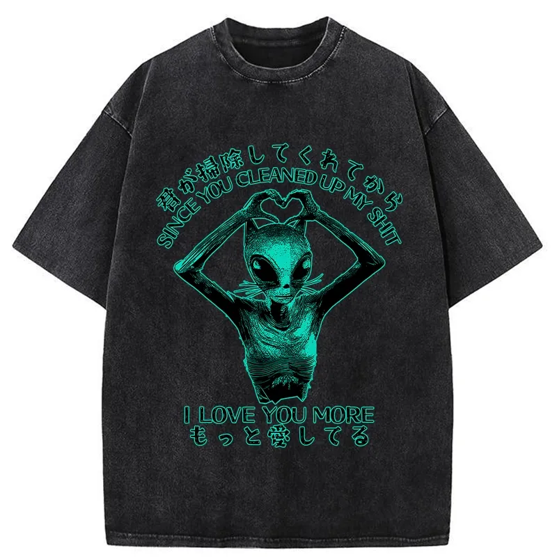 Tokyo-Tiger Funny Alien Cat Love Washed T-Shirt