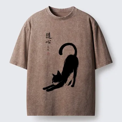 Tokyo-Tiger Zen Ink Wash Cat Stretching Art Washed T-Shirt