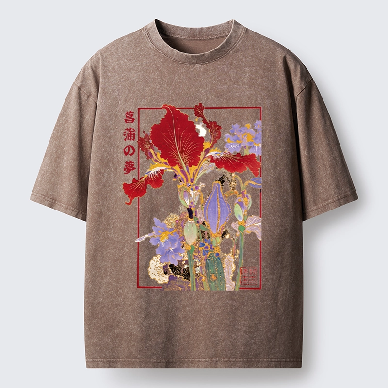 Tokyo-Tiger Antique Japanese Iris Flower Painting Washed T-Shirt