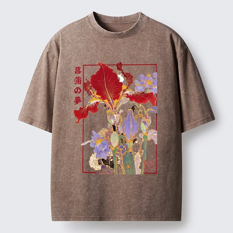 Tokyo-Tiger Antique Japanese Iris Flower Painting Washed T-Shirt Sale