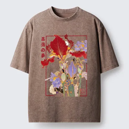 Tokyo-Tiger Antique Japanese Iris Flower Painting Washed T-Shirt