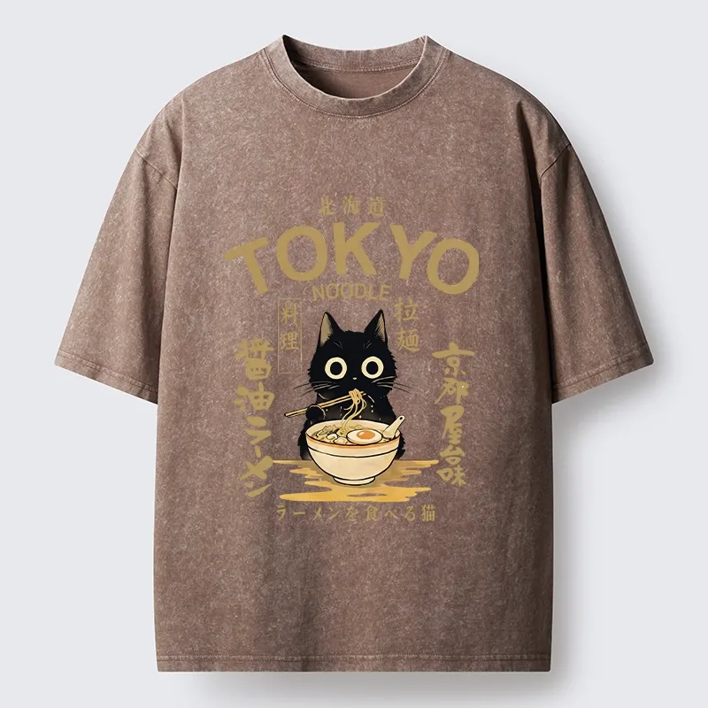 Tokyo-Tiger Black Cat Enjoys Warm Ramen Bowl Washed T-Shirt