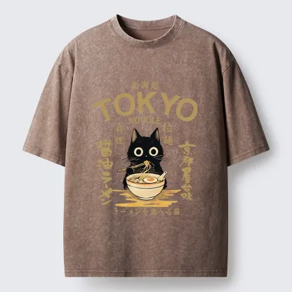 Tokyo-Tiger Black Cat Enjoys Warm Ramen Bowl Washed T-Shirt